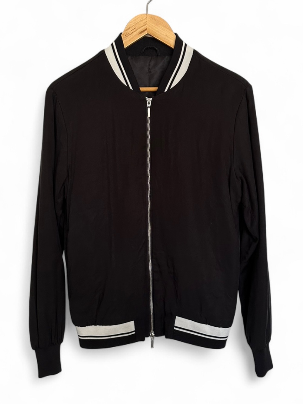 Topman Black Bomber Jacket with White Stripe Trim